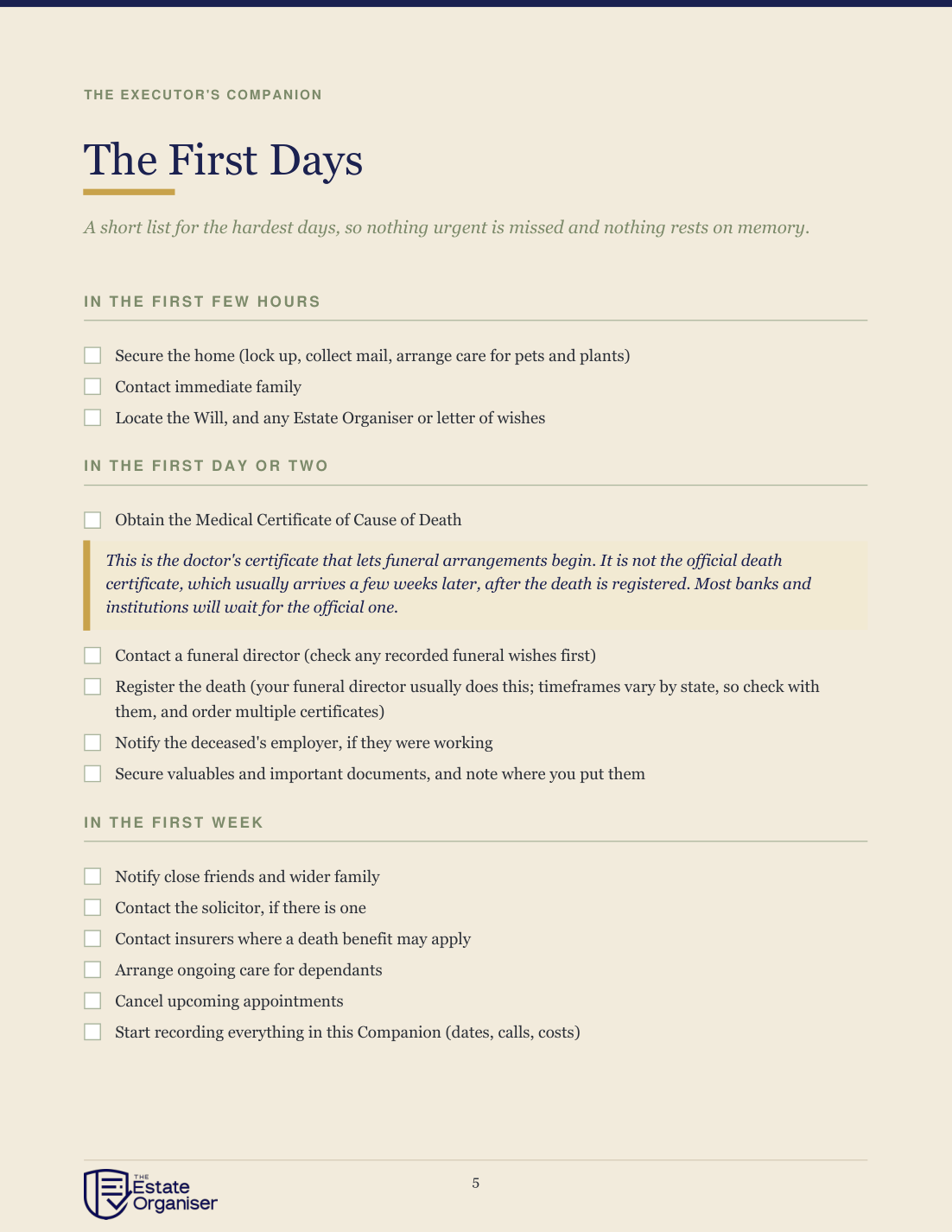 The First Days checklist page