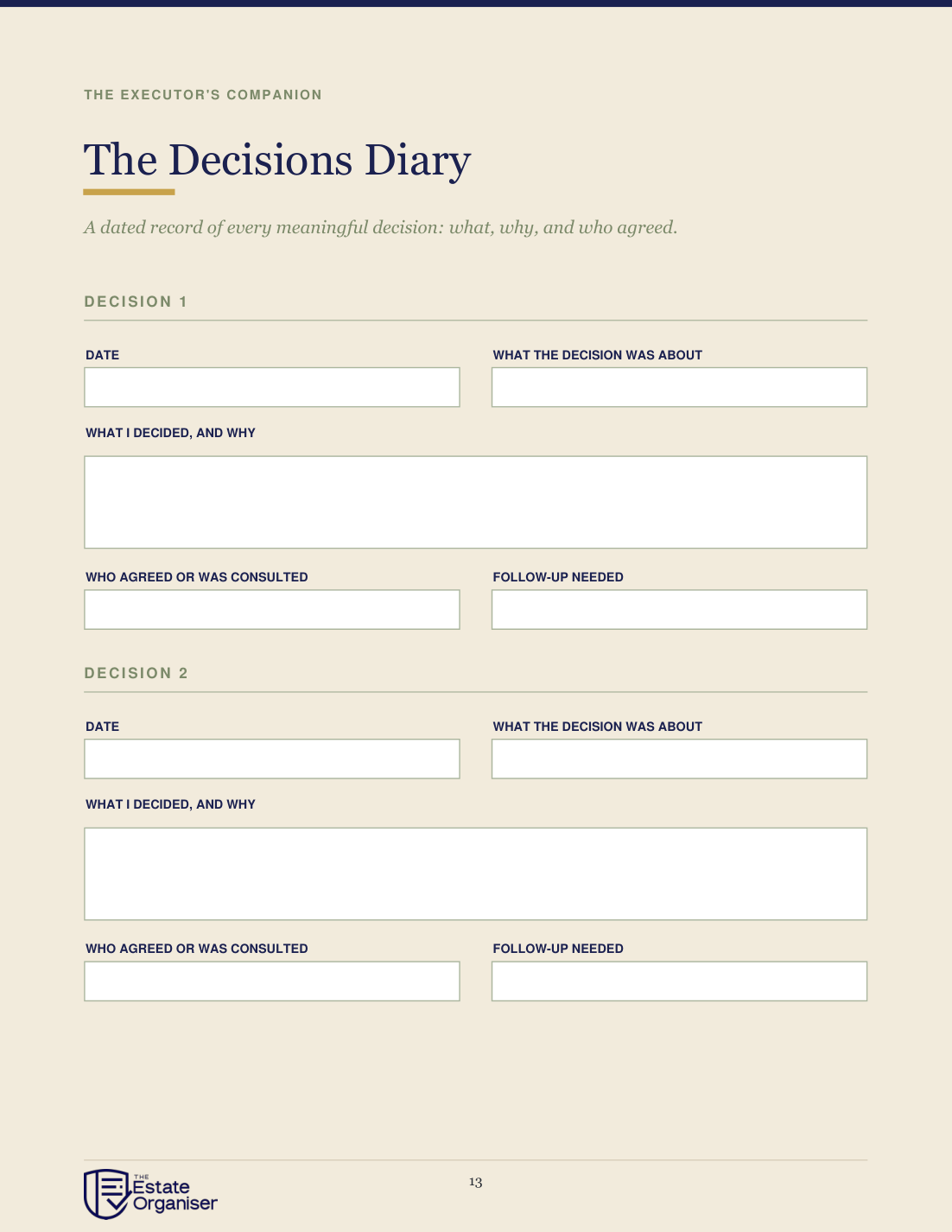 The Decisions Diary page